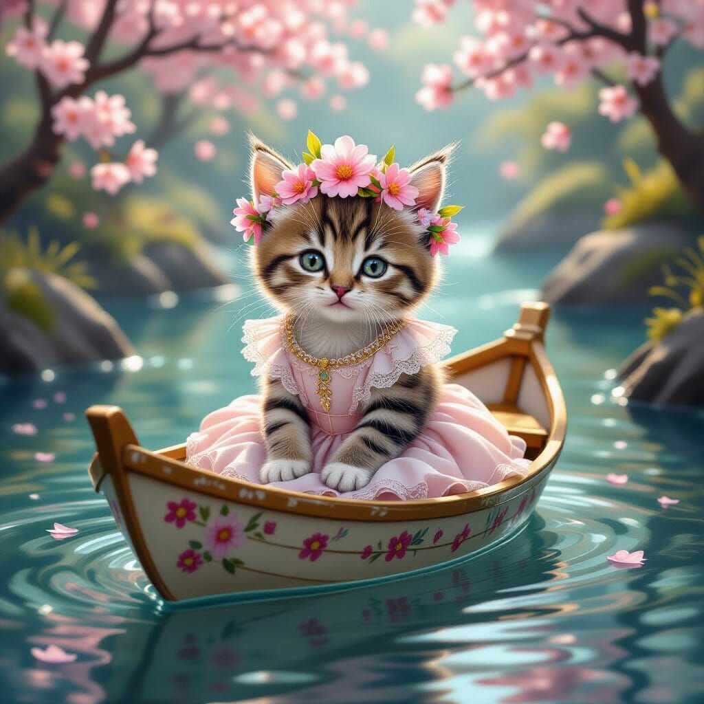 Kitten in Cherry Blossom Crown on Paper Boat