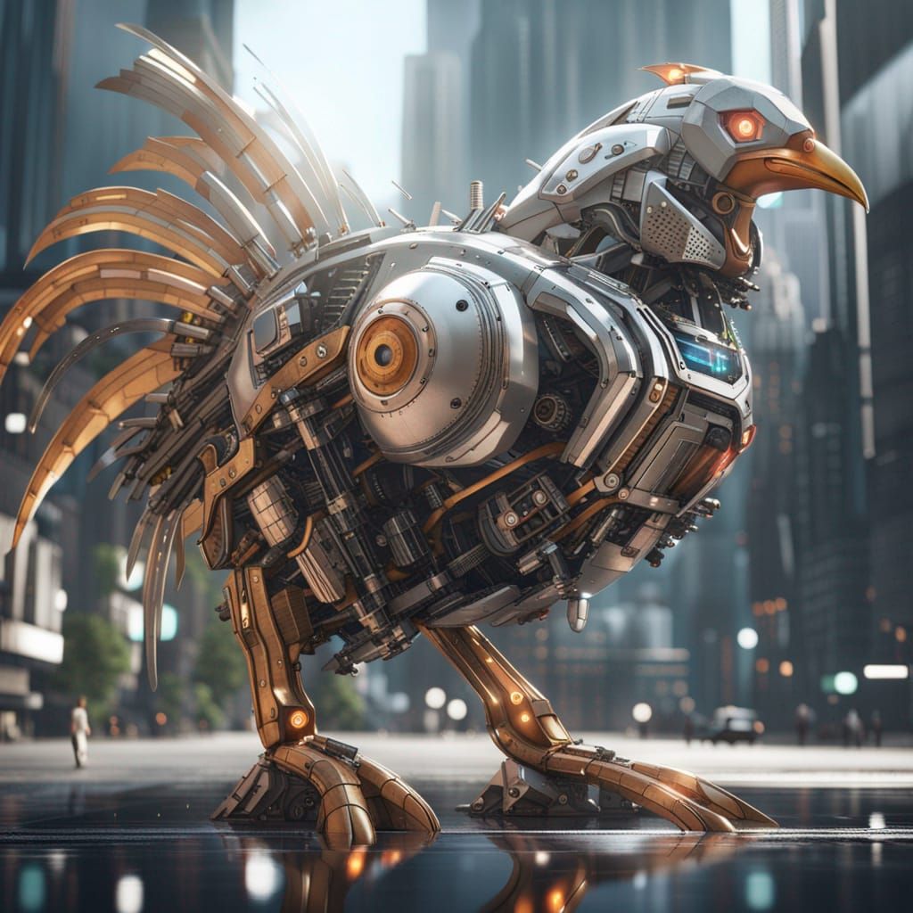 Giant Mechanical Chicken Destroys Futuristic City