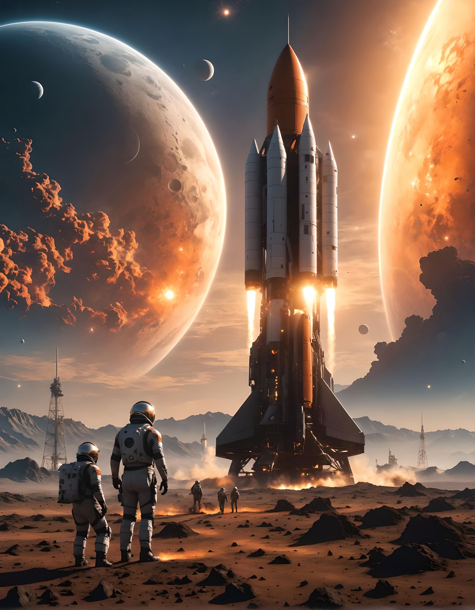 Interstellar Rocket Launch from Exoplanet at Sunrise