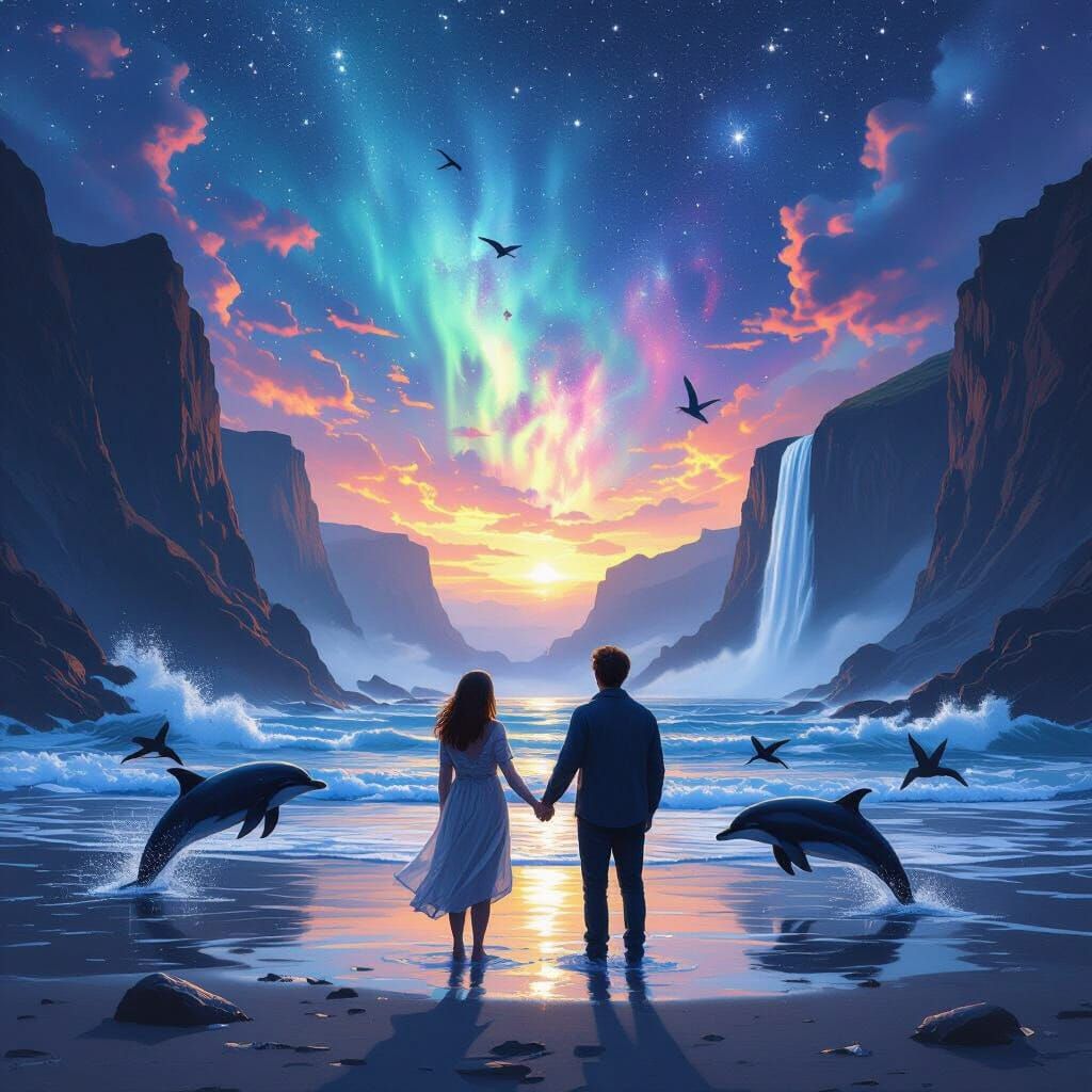Couple Gazing at Cosmic Sky with Waterfalls