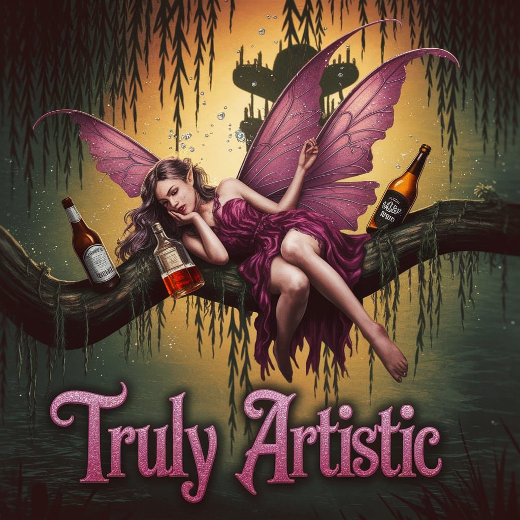 Drunk Fairy in Swamp with Fantasy Text Overlay
