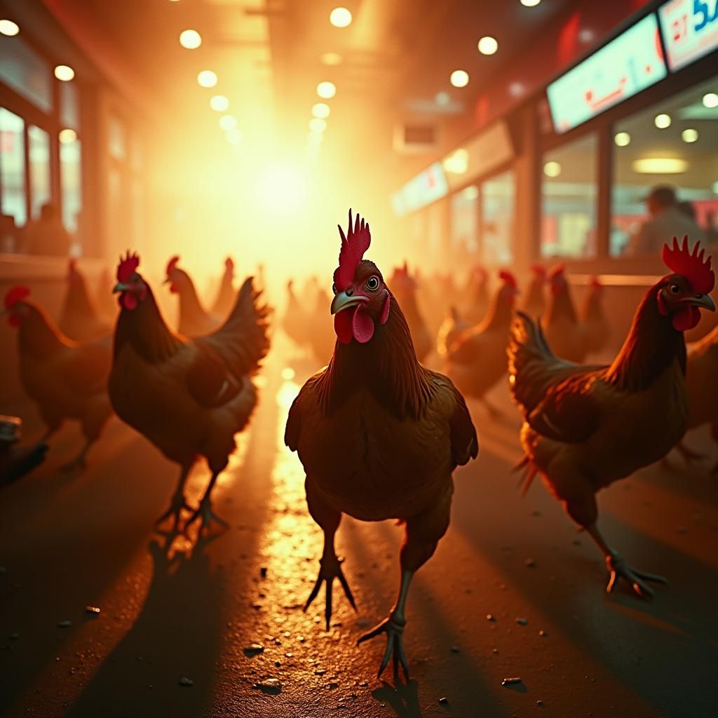 Chickens' Chaotic Escape: A Cinematic Film Still