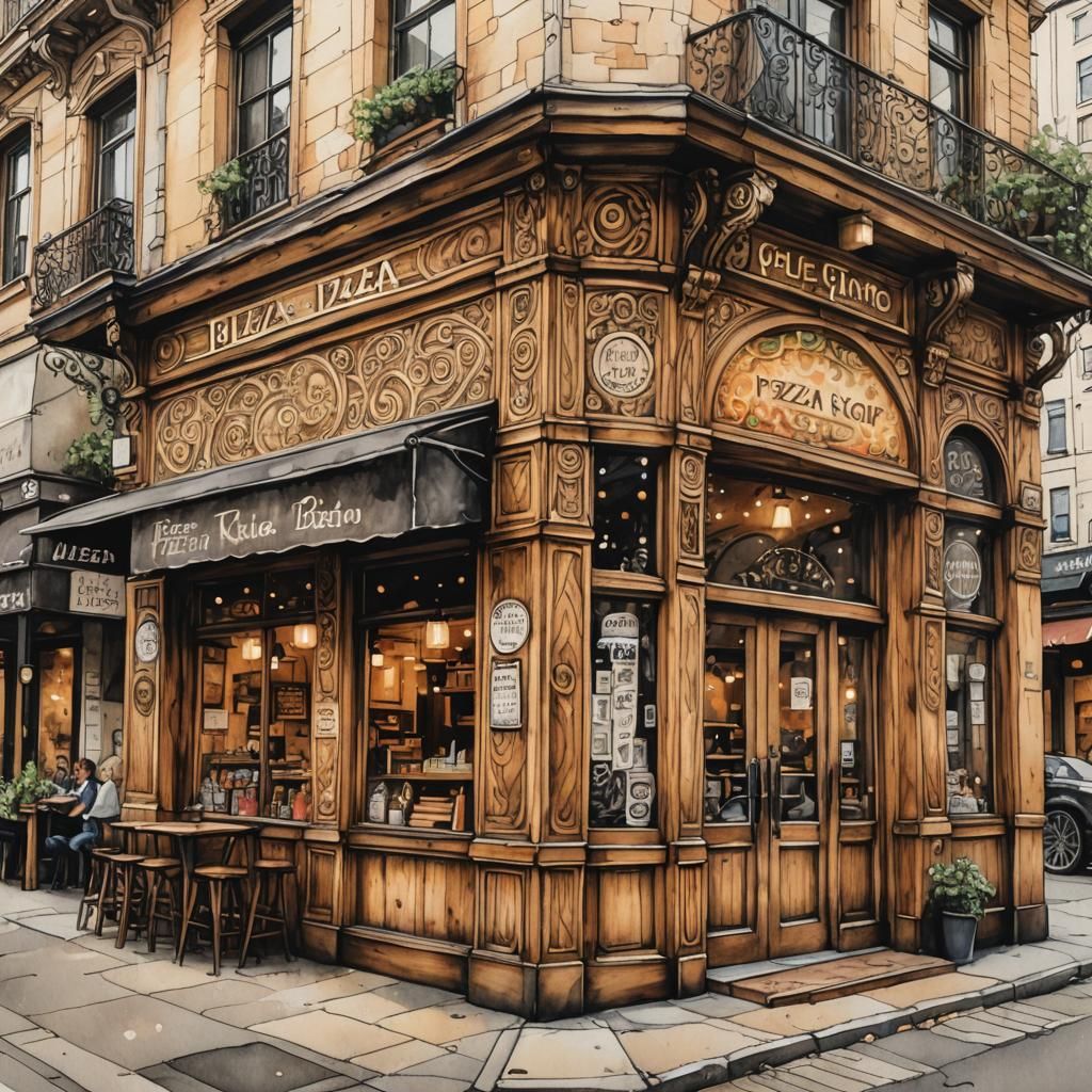 Pizza Shop Ink Sketch with Klimt Decoration