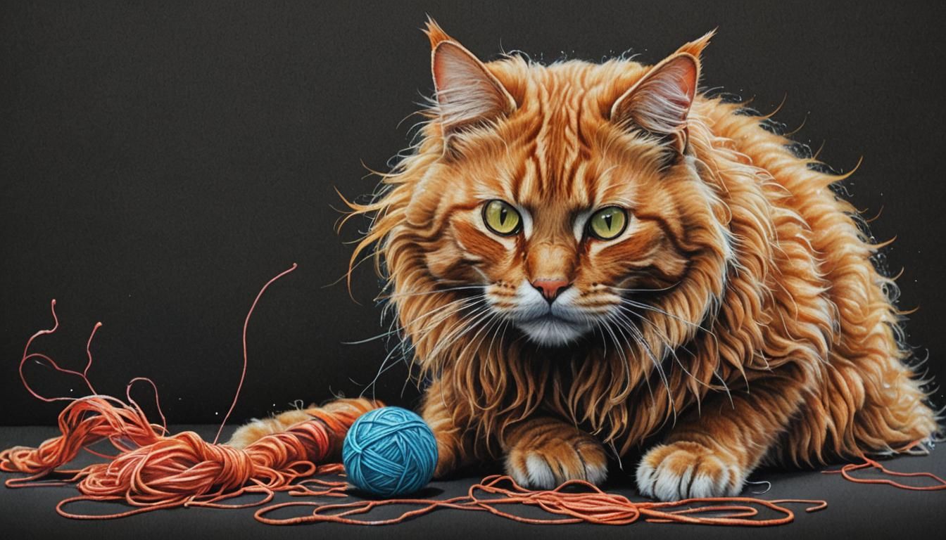 A stunning ginger cat stalking a ball of wool, the edges of ...