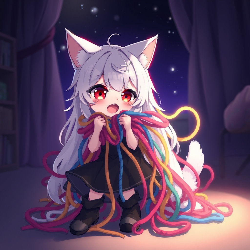 Cute Anime Catgirl Playing with Colorful Yarn