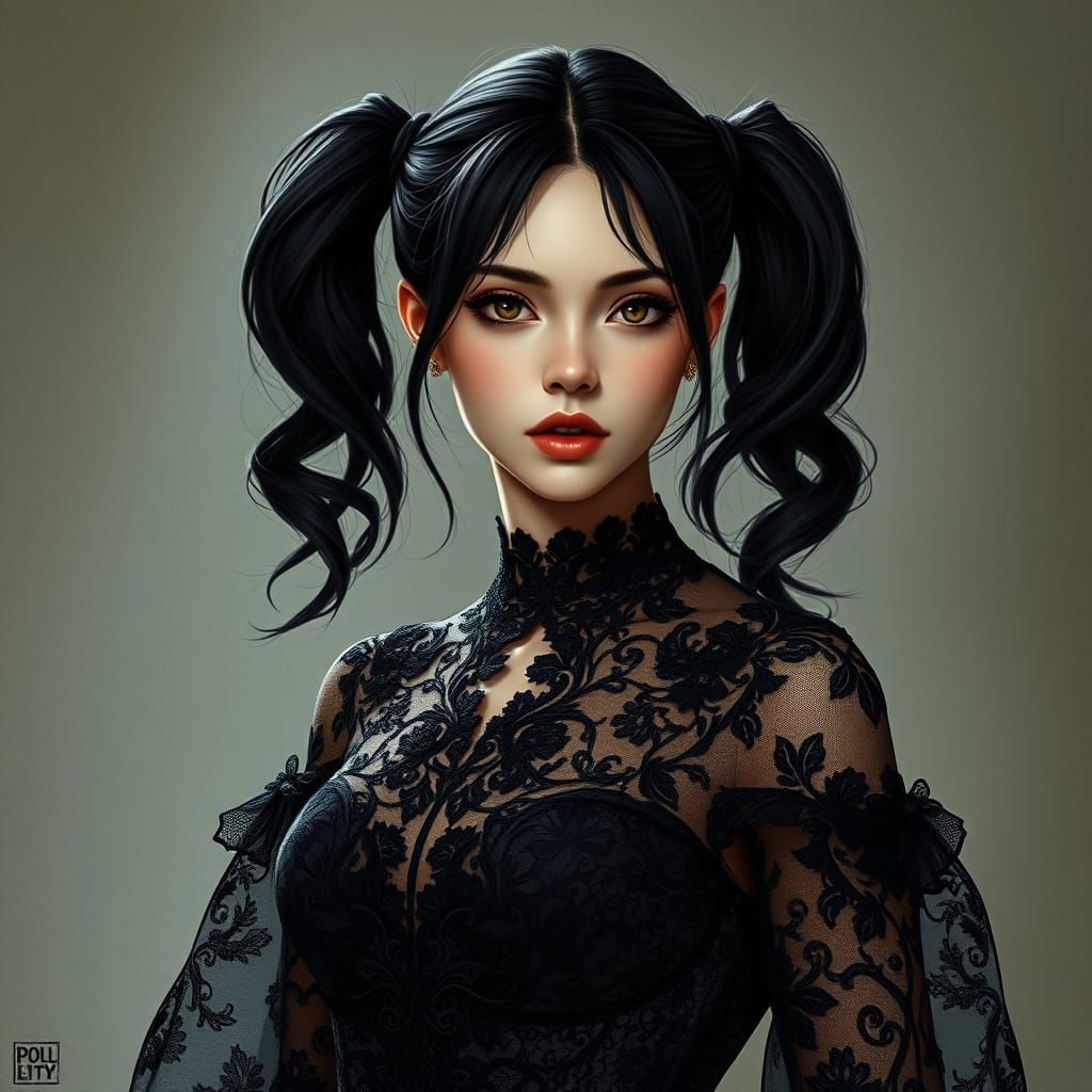 Gothic Fantasy Woman in Lacy Gown with Ponytail Hair