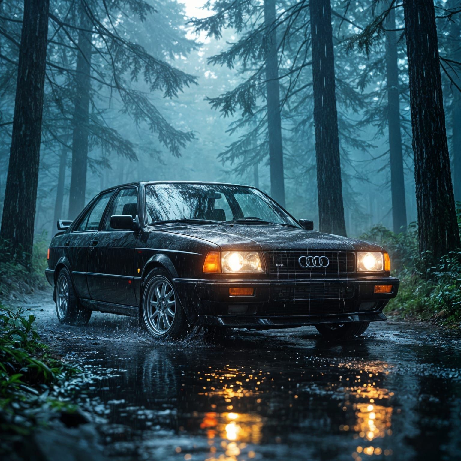 1991 Audi 80 in Dark Forest During Heavy Rain