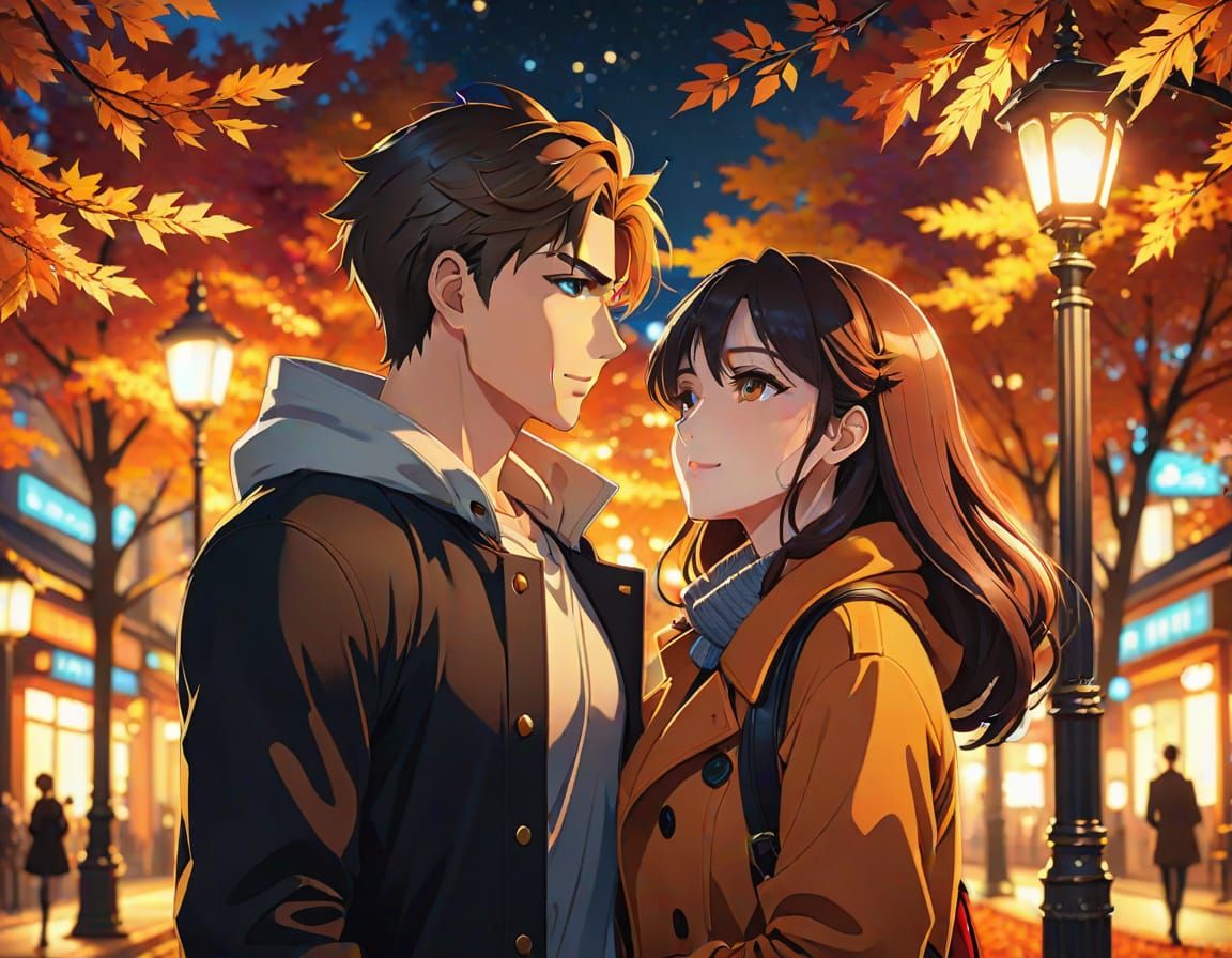 Anime Couple Dating on Autumn Night