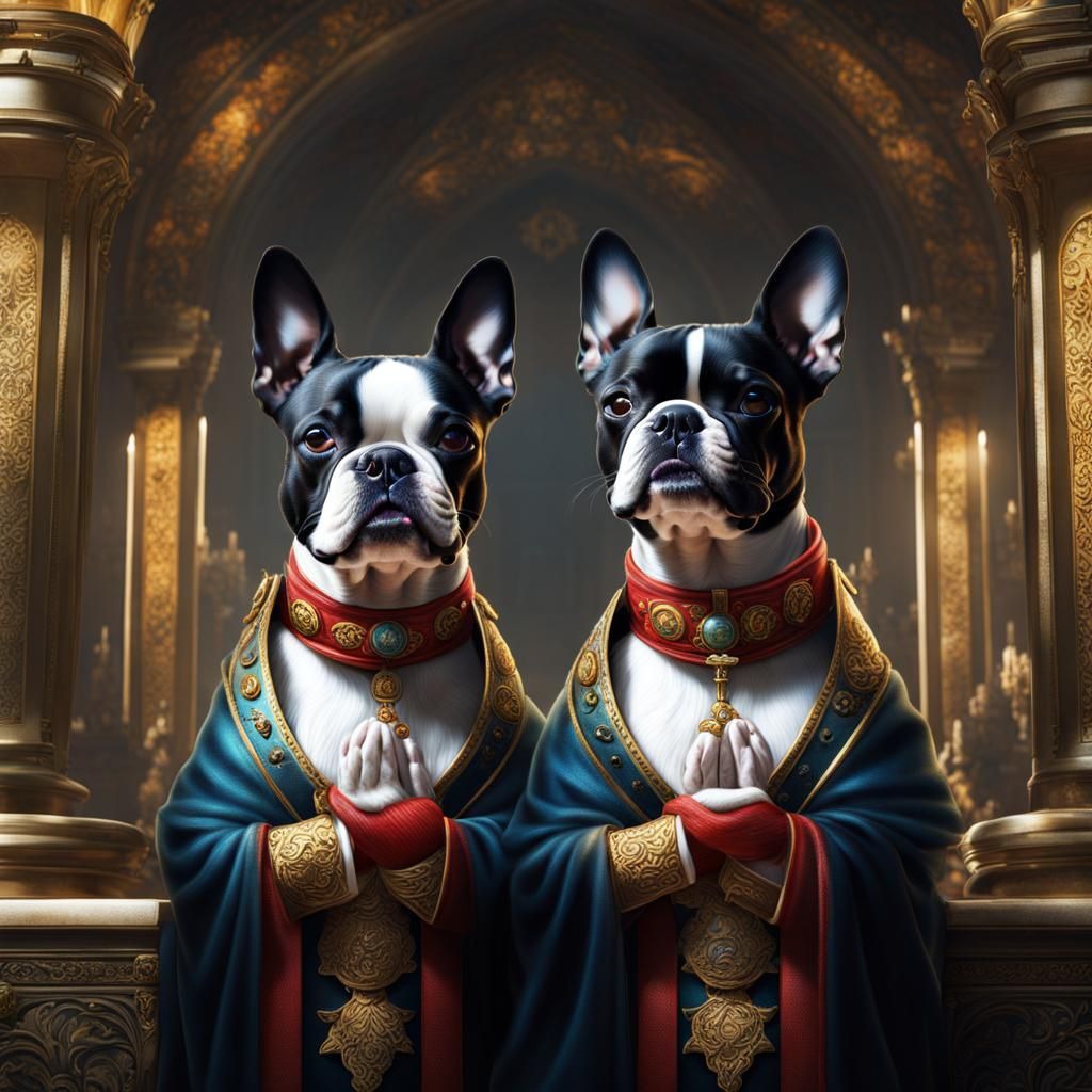 Boston Terriers Praying: Detailed Fantasy Concept Art