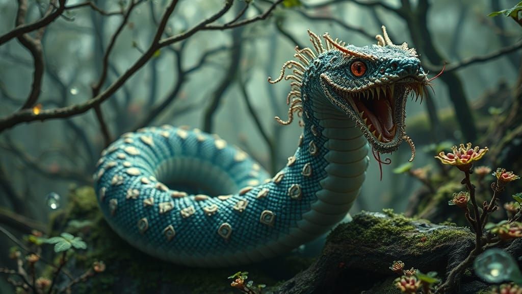 Surreal Transhumanist Serpent Unfolds in a Vivid Mycelium La...