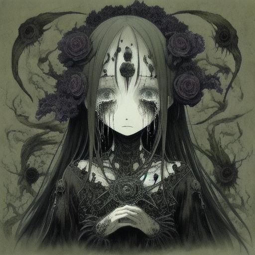 Crying Anime Girl in Dark Academia Style