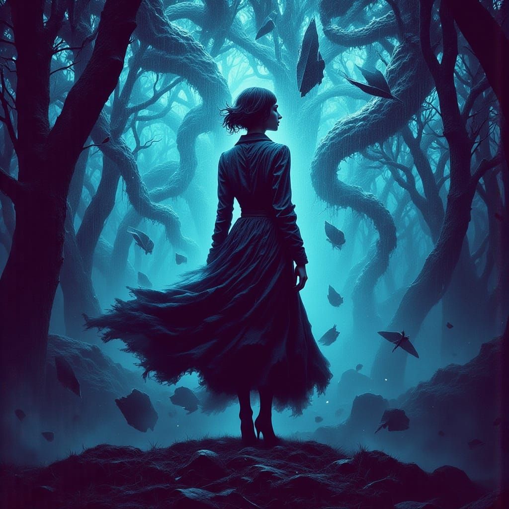 80s Anime Woman Lost in Eerie Fog, Zentangle Patterns