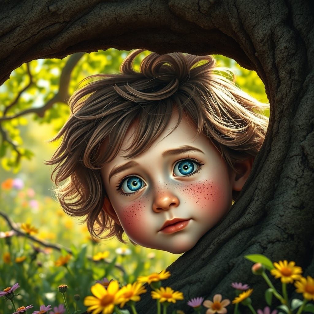 Whimsical Child Peek from Ancient Tree Roots