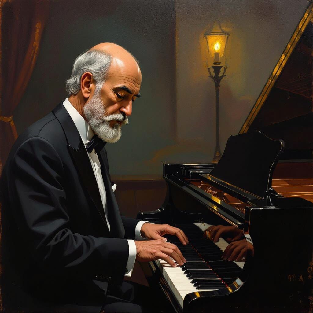 Elderly Man Plays Piano: Hockney and Freud Inspired