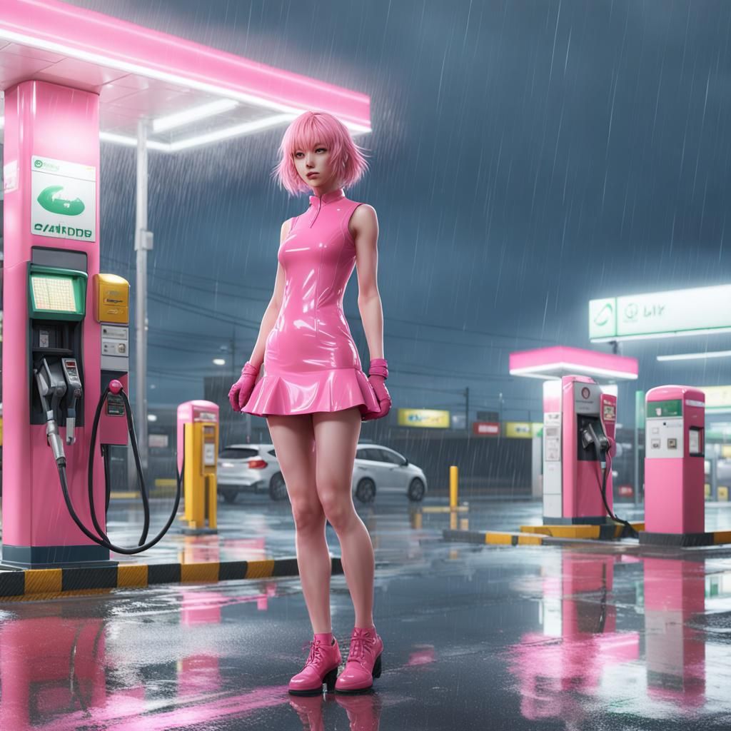 Anime Style Sissy in Pink Latex Dress