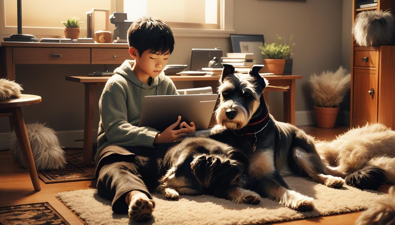 Cozy Home: Asian Boy and Schnauzer in Earthy Tones