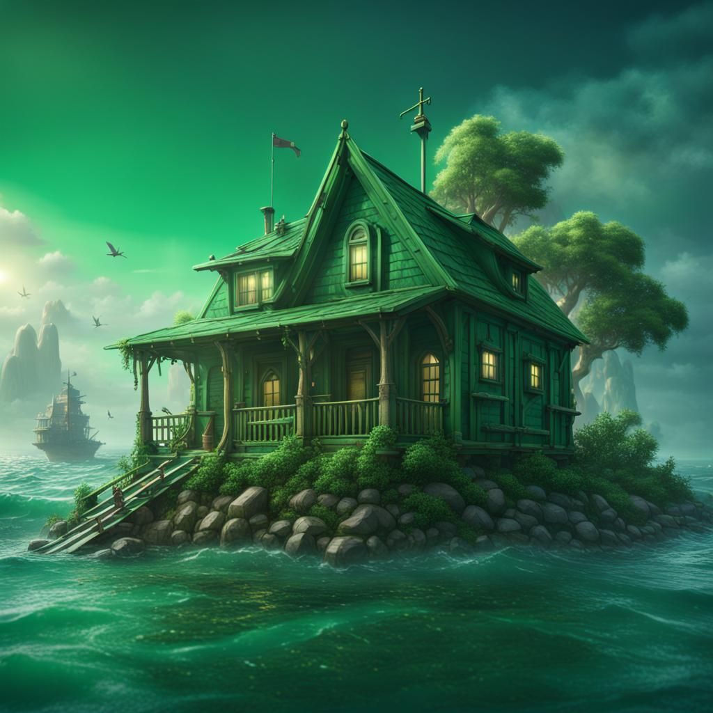 Green Cabin in Ocean: Detailed Matte Painting