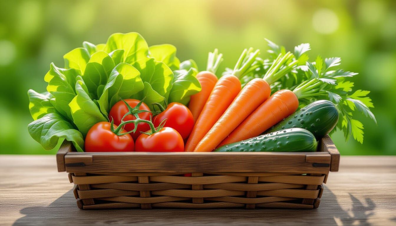 Freshly harvested vegetables placed inside a rustic wooden b...