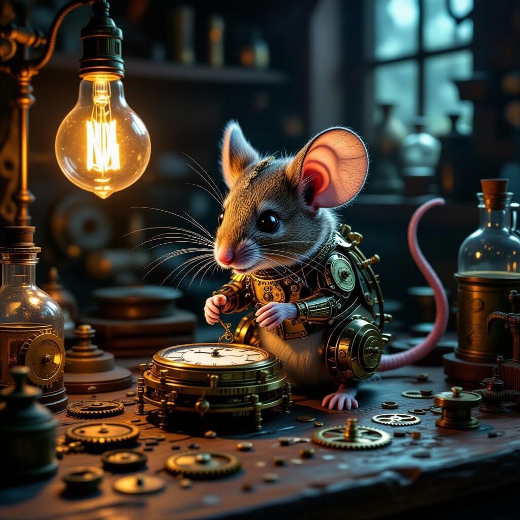 Clockwork Mouse Repairs Pocket Watch in Steampunk Workshop