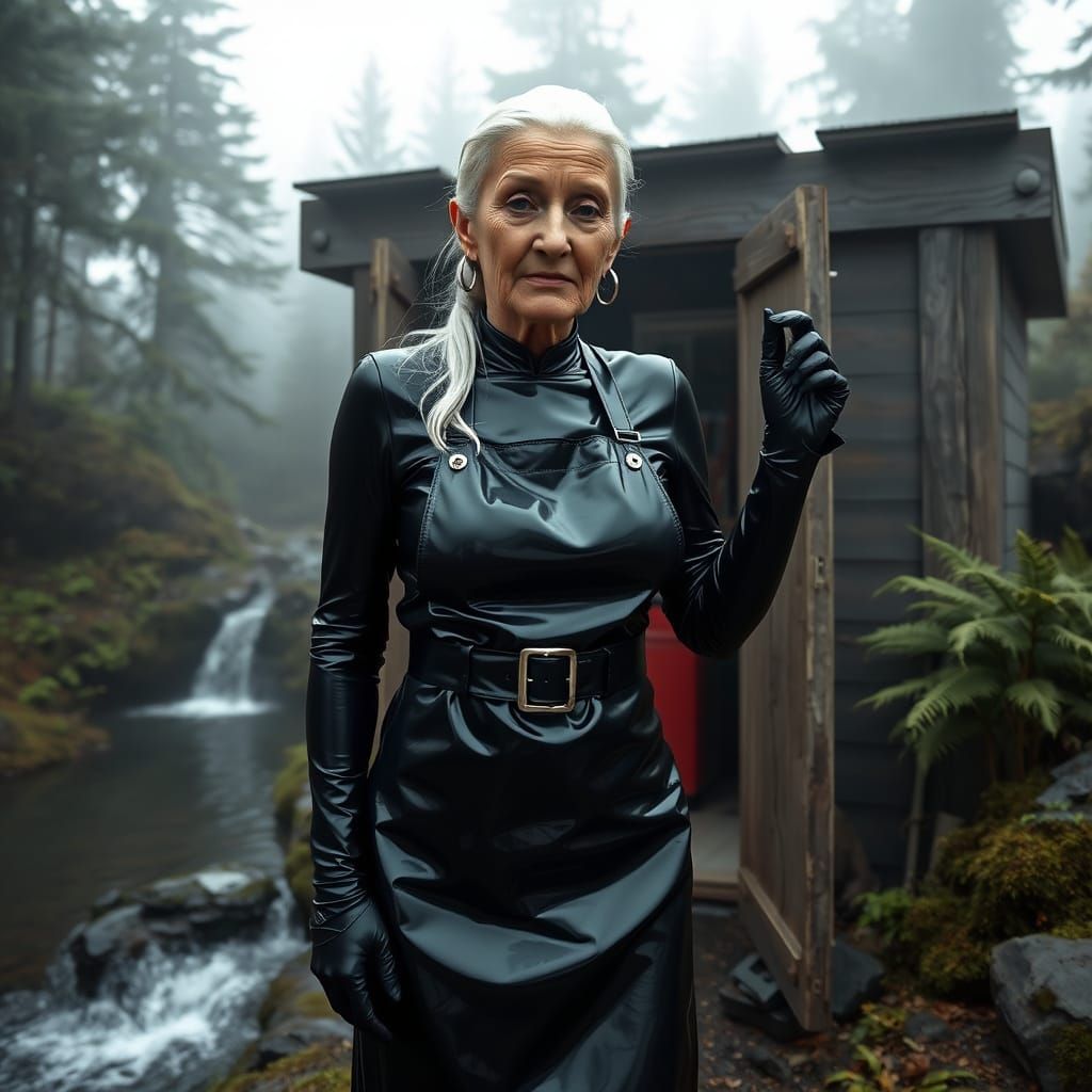 Elegant Woman with Hydro-Electric Generator in Foggy Landsca...