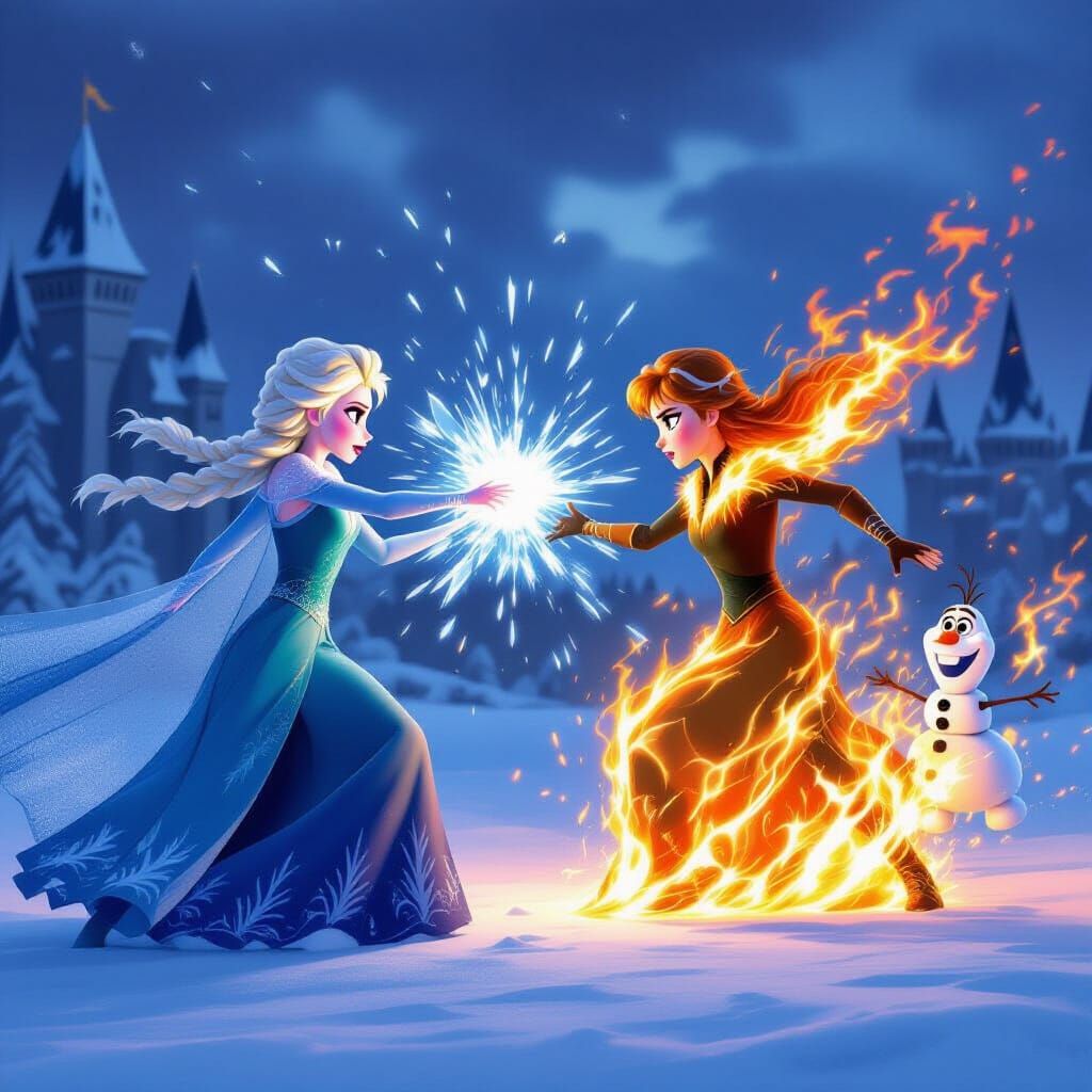 Elsa's Ice Battle Against Fiery Anna and Stone Olaf