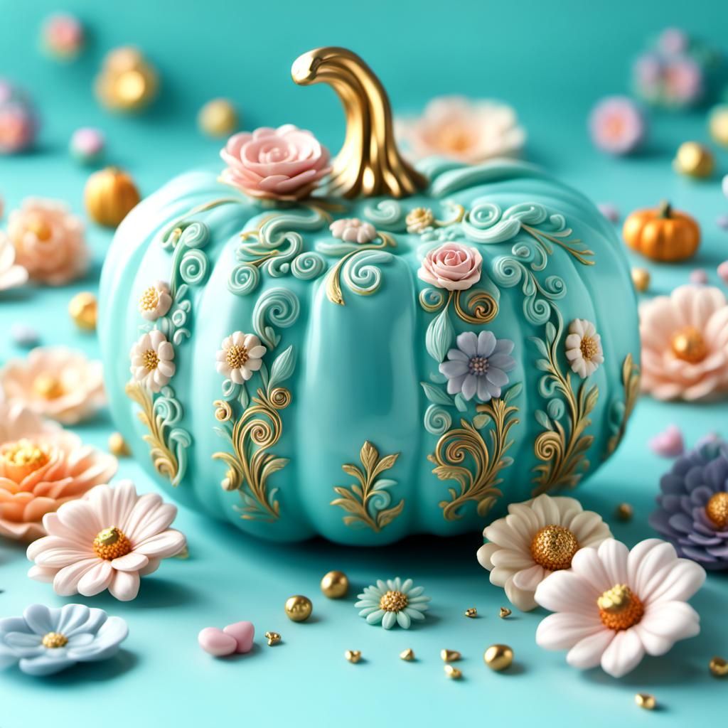 Aquamarine Pumpkin with Golden Butterflies: 3D Render