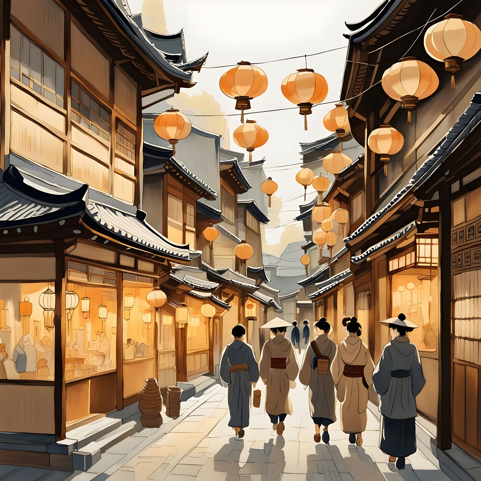 Detailed Architectural Sketch of Old Japanese City