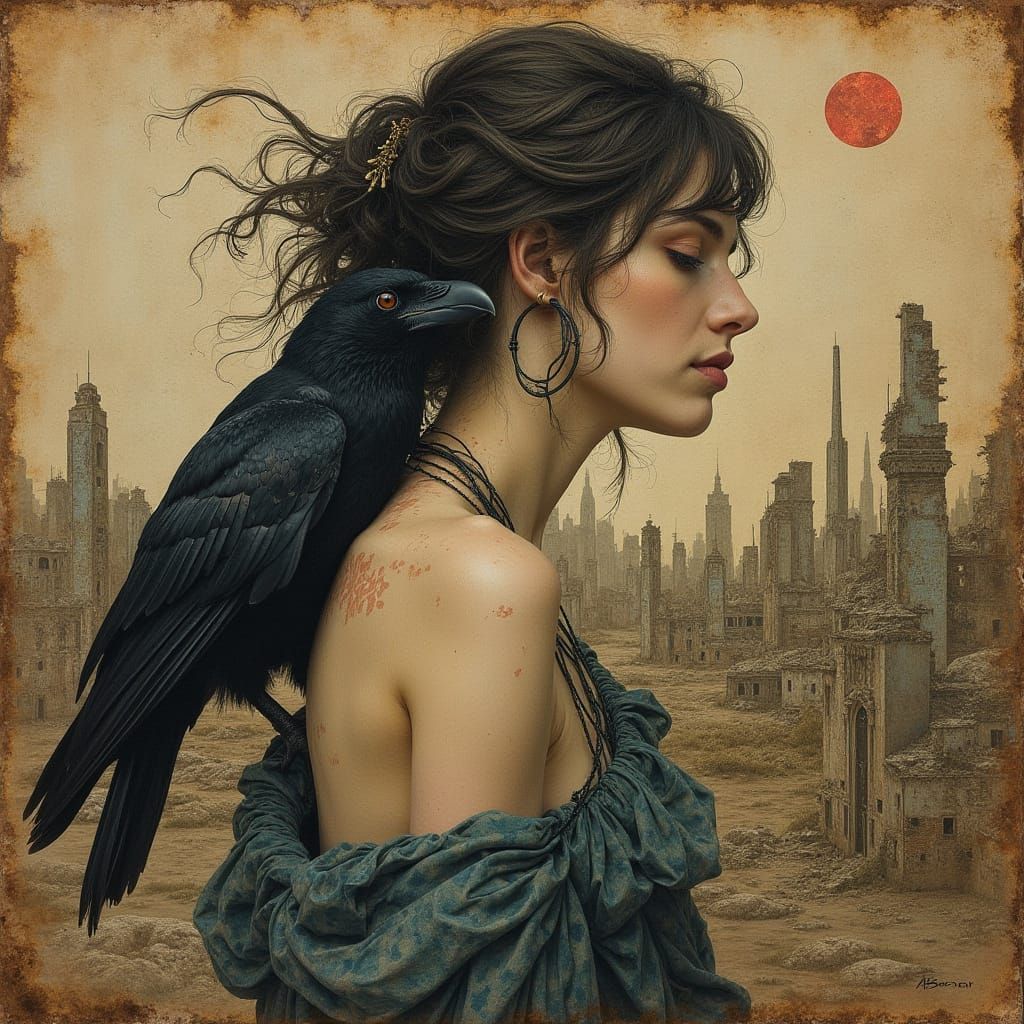 Woman With Raven in Ruined City on Parchment