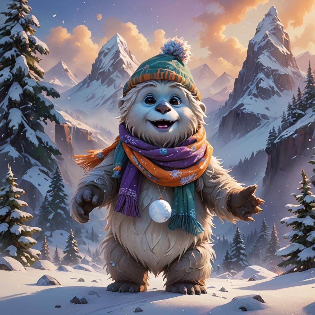 Baby Yetis Play in Winter Snow: Concept Art