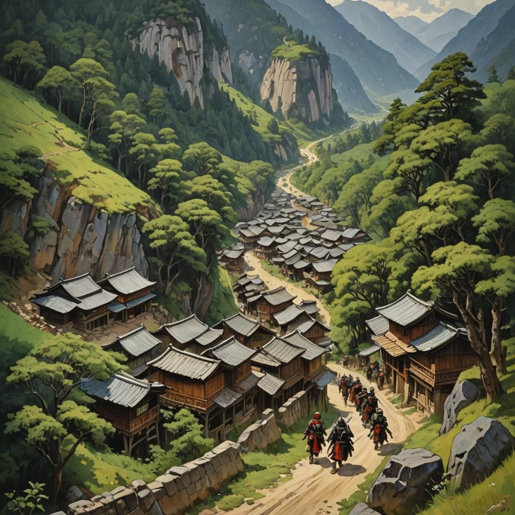 Samurai Troop on Mountain Road, Oil Painting