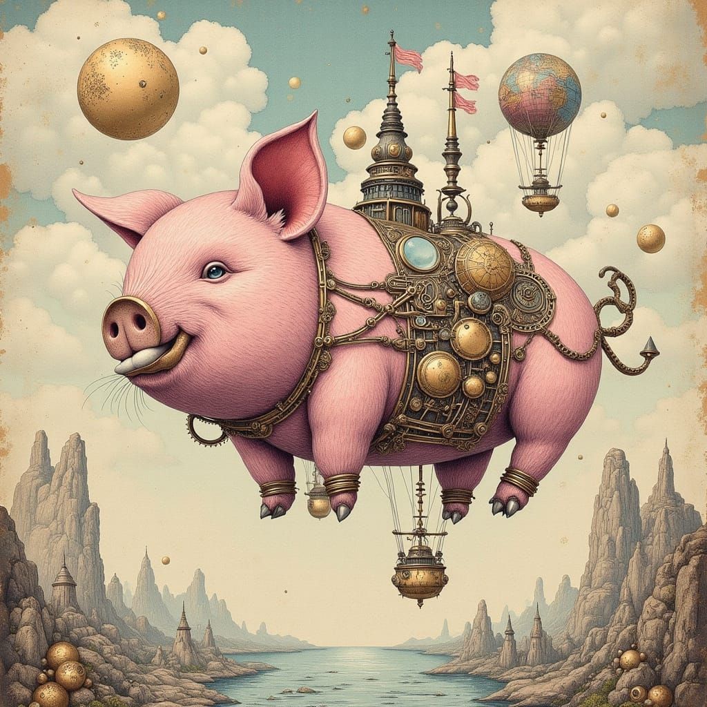 Pink Pig Airship in Steampunk Watercolor Style