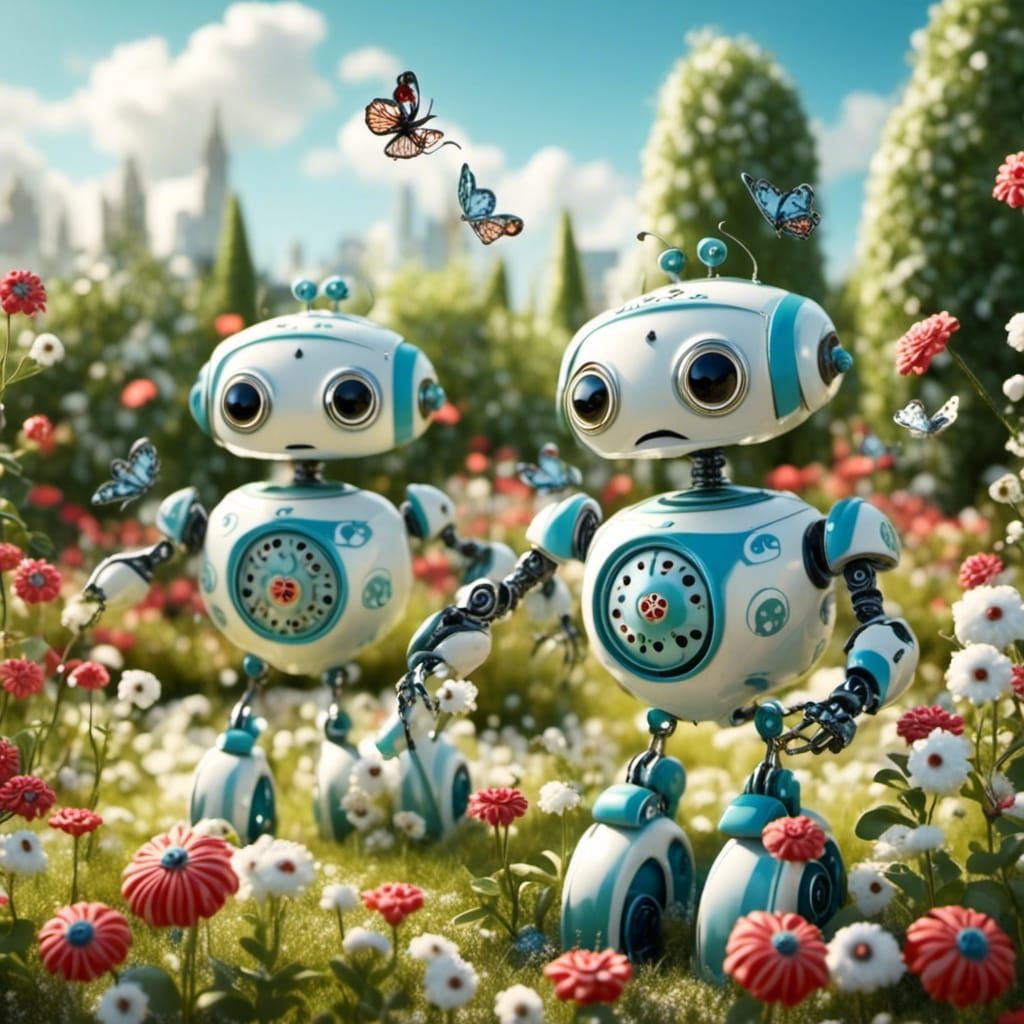 Porcelain Robots Play in Flower Garden