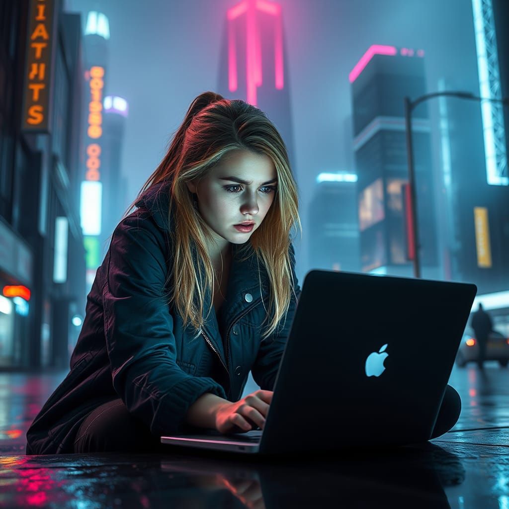 Anxious Woman Awaits Message in Cyberpunk Cityscape