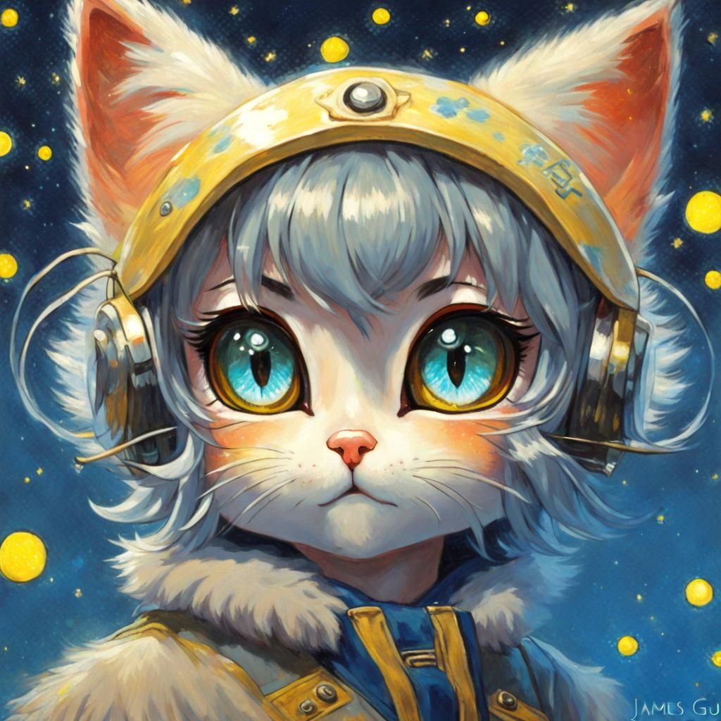 Anime Cat Girl with Wings in Van Gogh Style