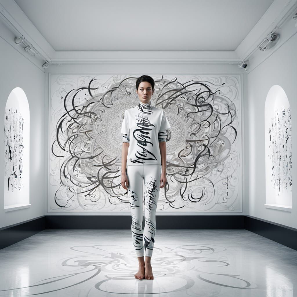 Woman as Art with Calligraphy in White Hall