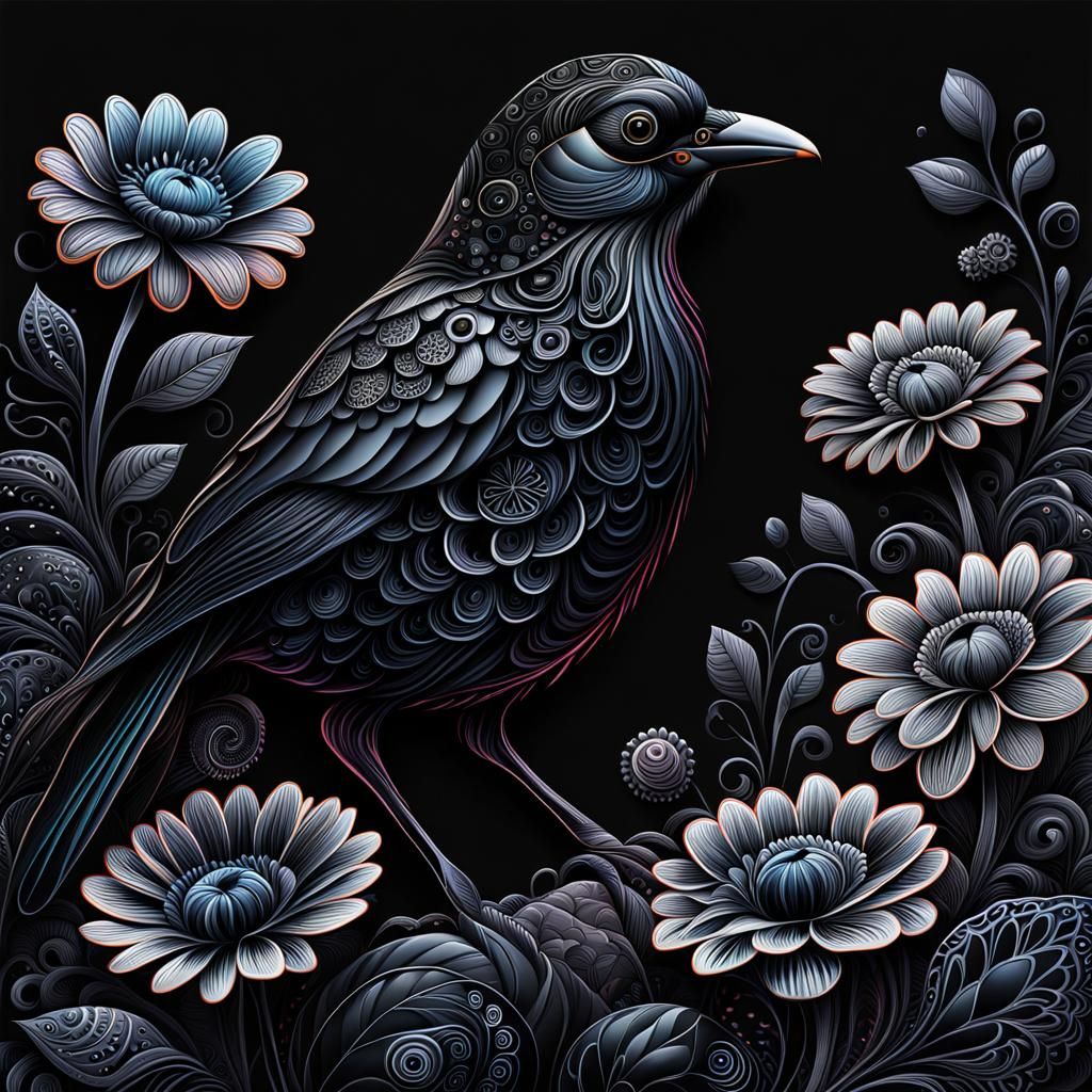 Intricate Black Bird Doodle Art Wallpaper