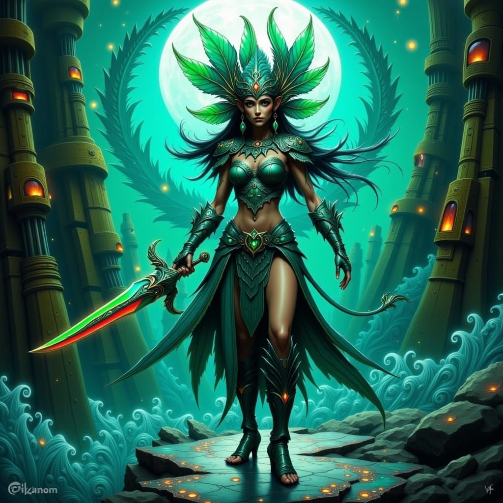 Mystical Aztec Warrior Goddess in Turquoise and Emerald Armo...