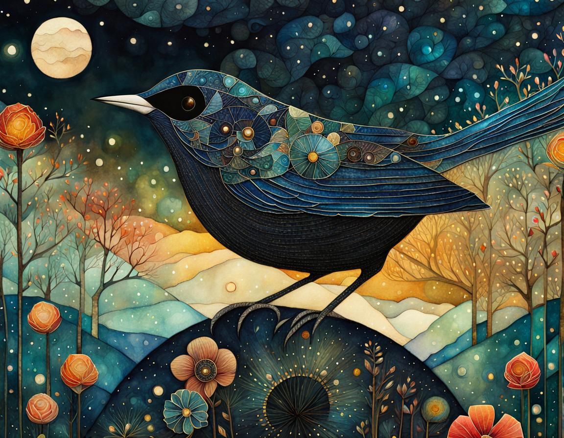 Bird in Night Sky: Intricate Collage Art