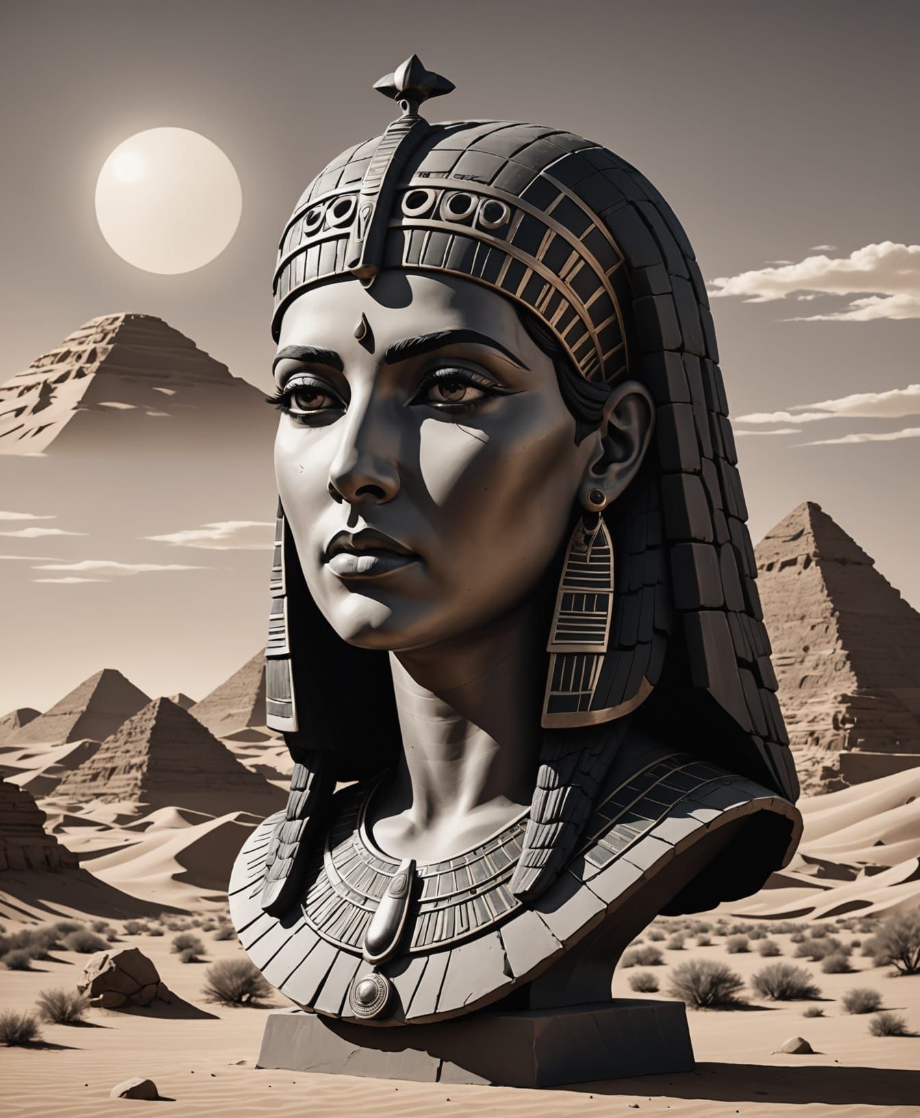 Majestic Clay Bust of Cleopatra in Desert Sunset