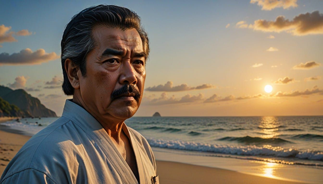 Karate Master Meditates on the Beach at Sunrise