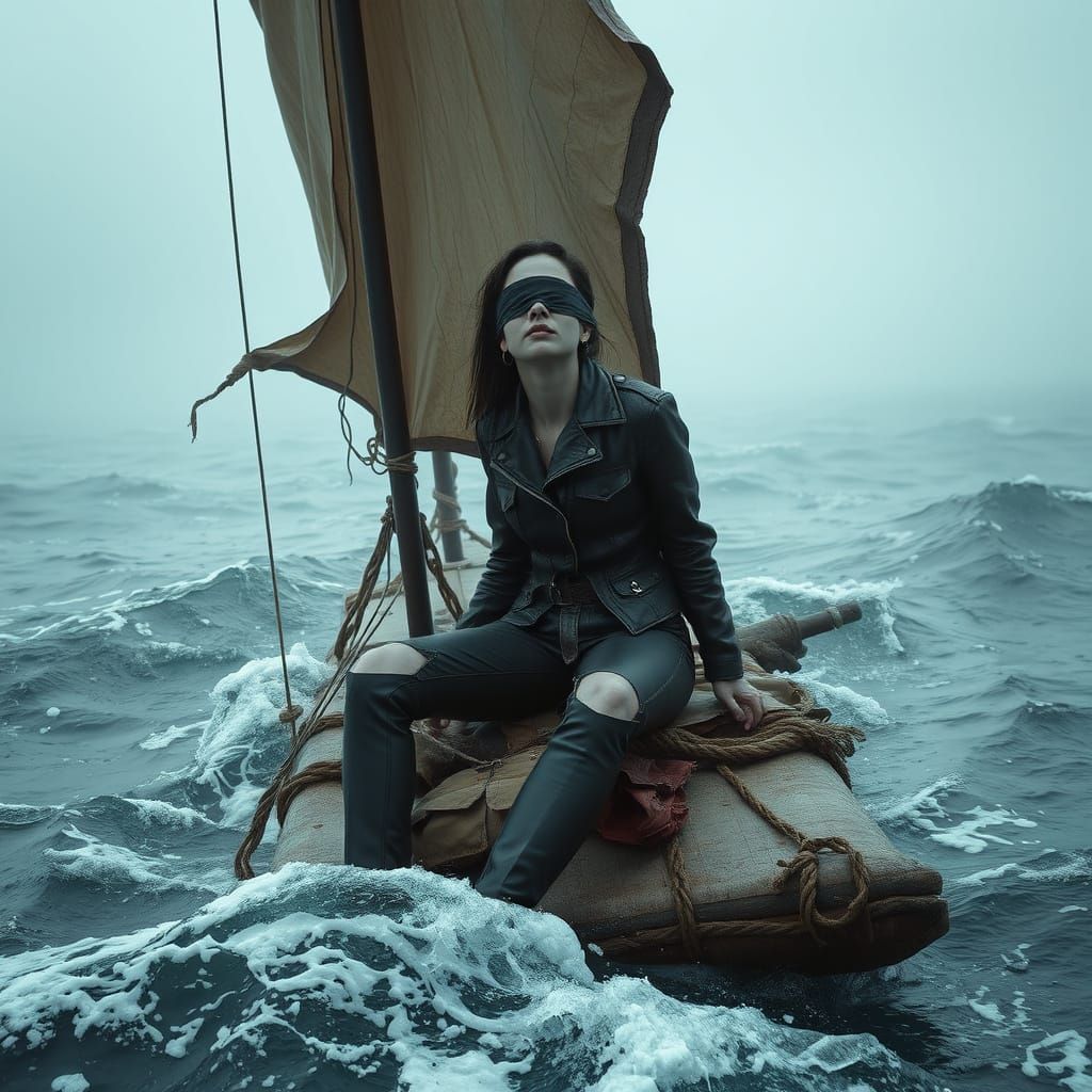 Woman Adrift on a Raft in Ominous Seas