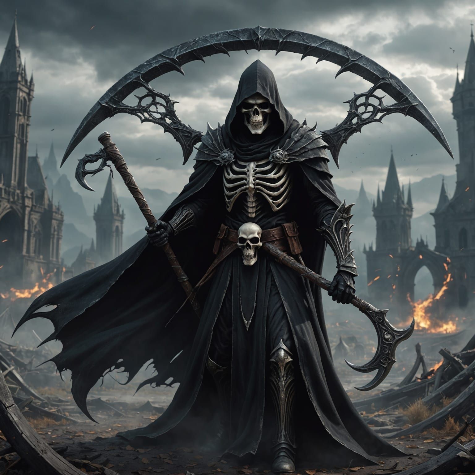 Grim Reaper with Two Scythes in Detailed Matte Painting