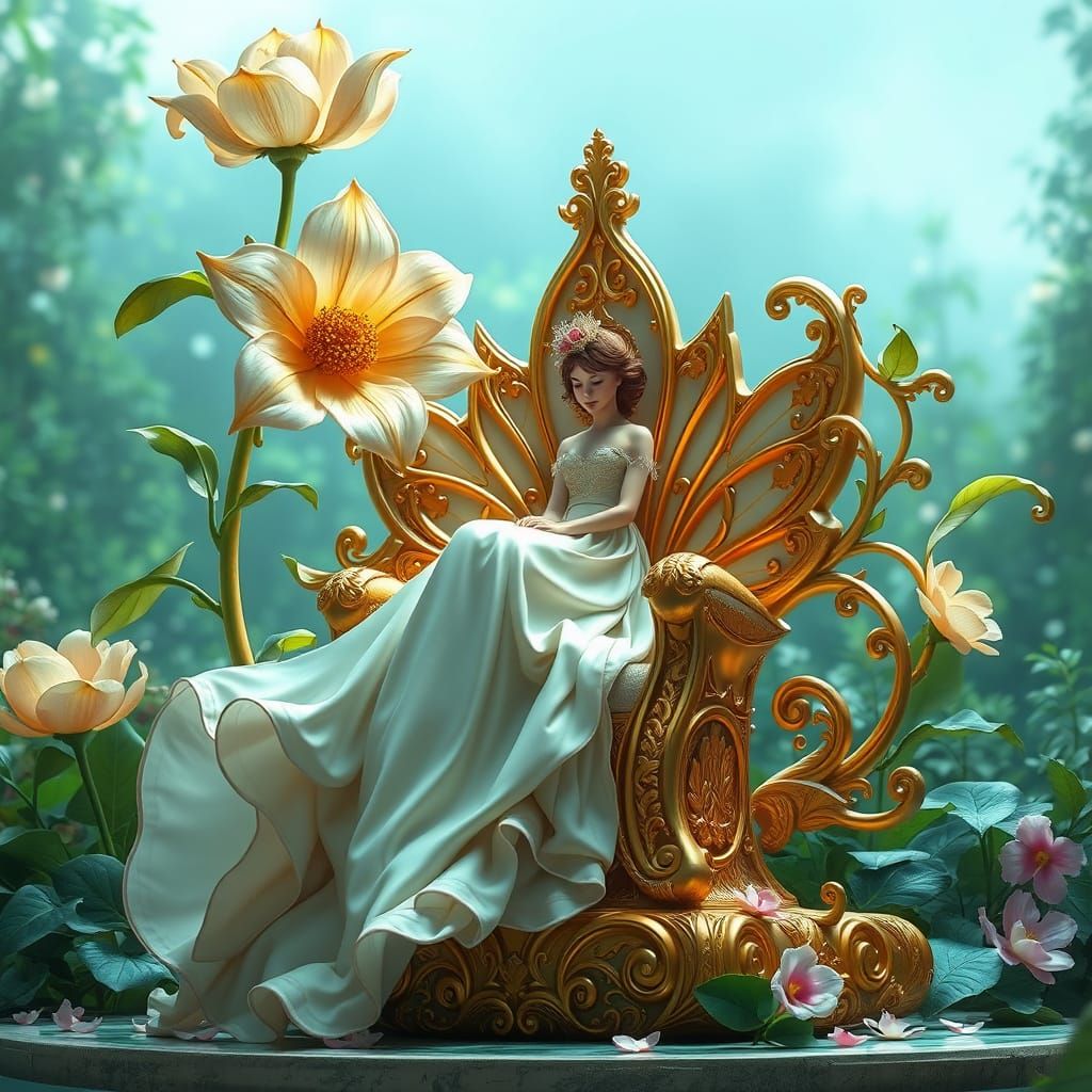 Golden Throne with Blooming Flower and Elegant Queen
