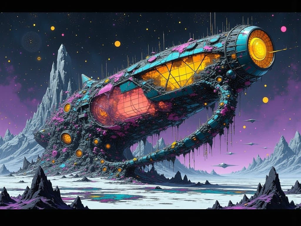 Biomechanical Spaceship in Otherworldly Landscape