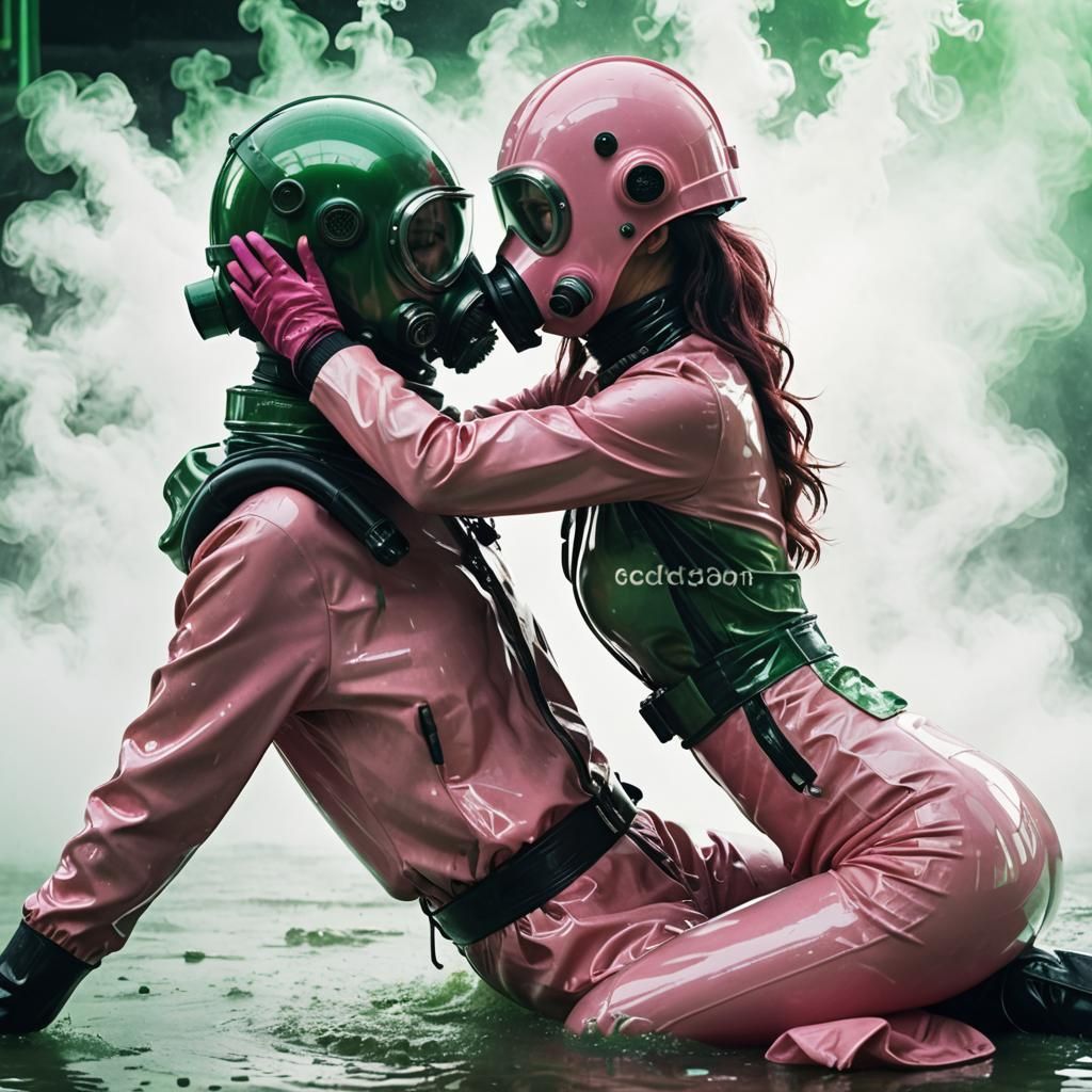 In deep cold space, retro futuristic, hyper realistic view, full body view of a nice woman in wet overall tight and glos...