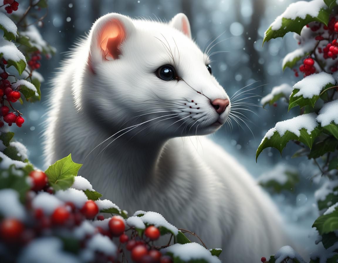 Ermine Portrait in Winter Forest, Detailed Art