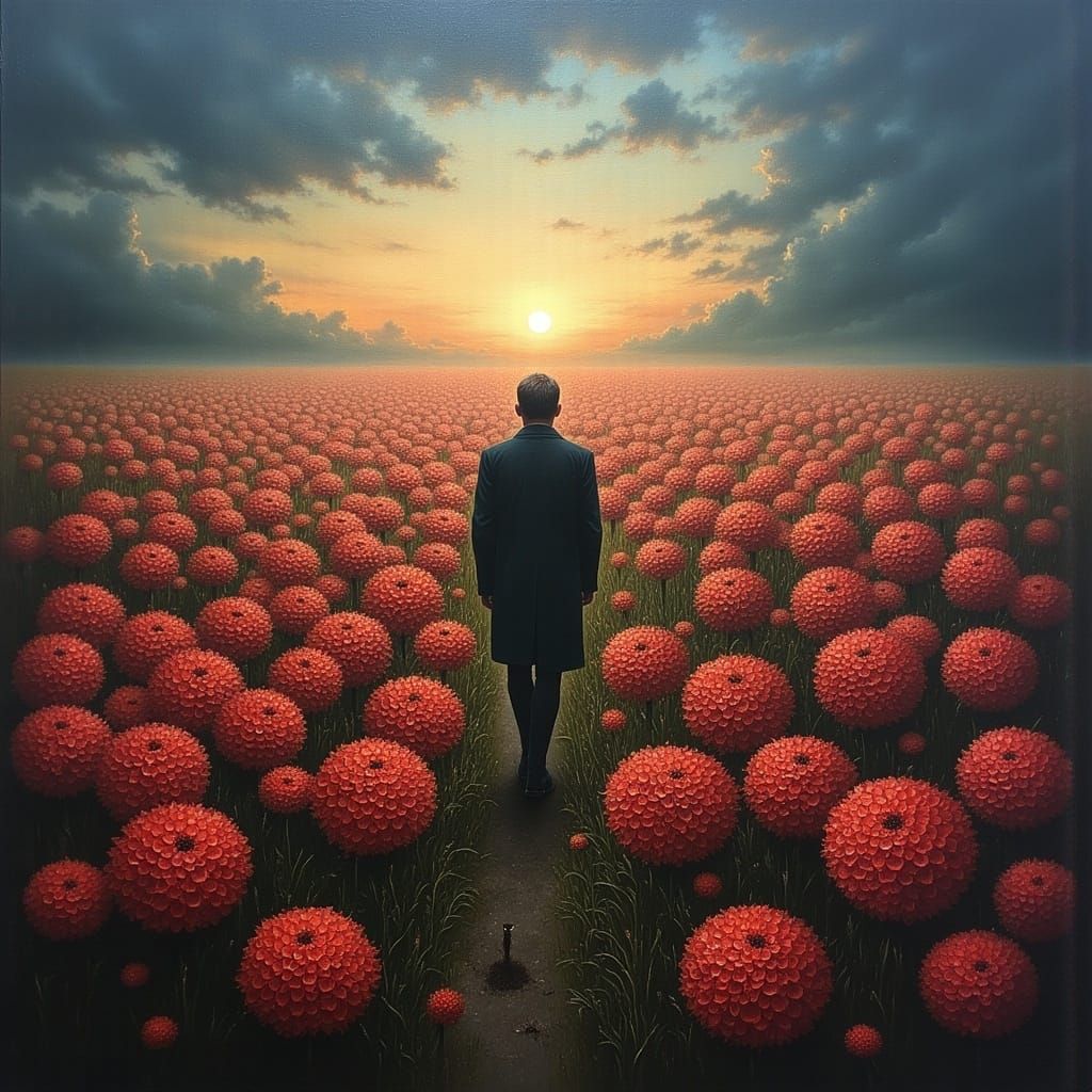 Macabre Figure in a Field of Giant Flowers