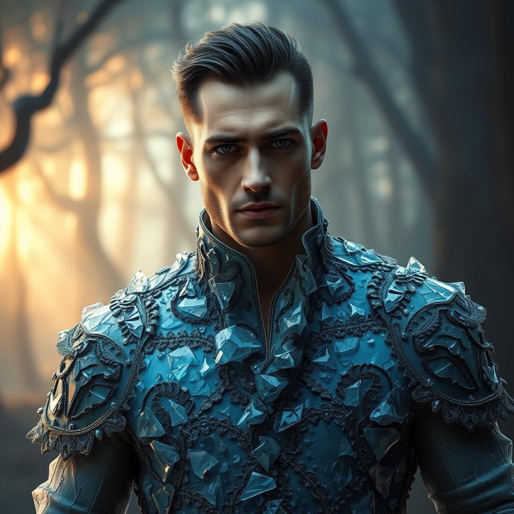 Man in Glass Attire in Mystical Forest