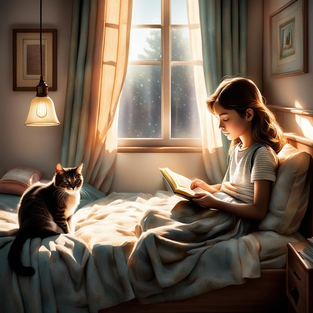 Cozy Morning Bedroom Scene with Girl and Cat