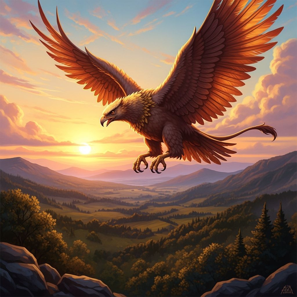 Griffin Soaring at Sunset: Fantasy Digital Art